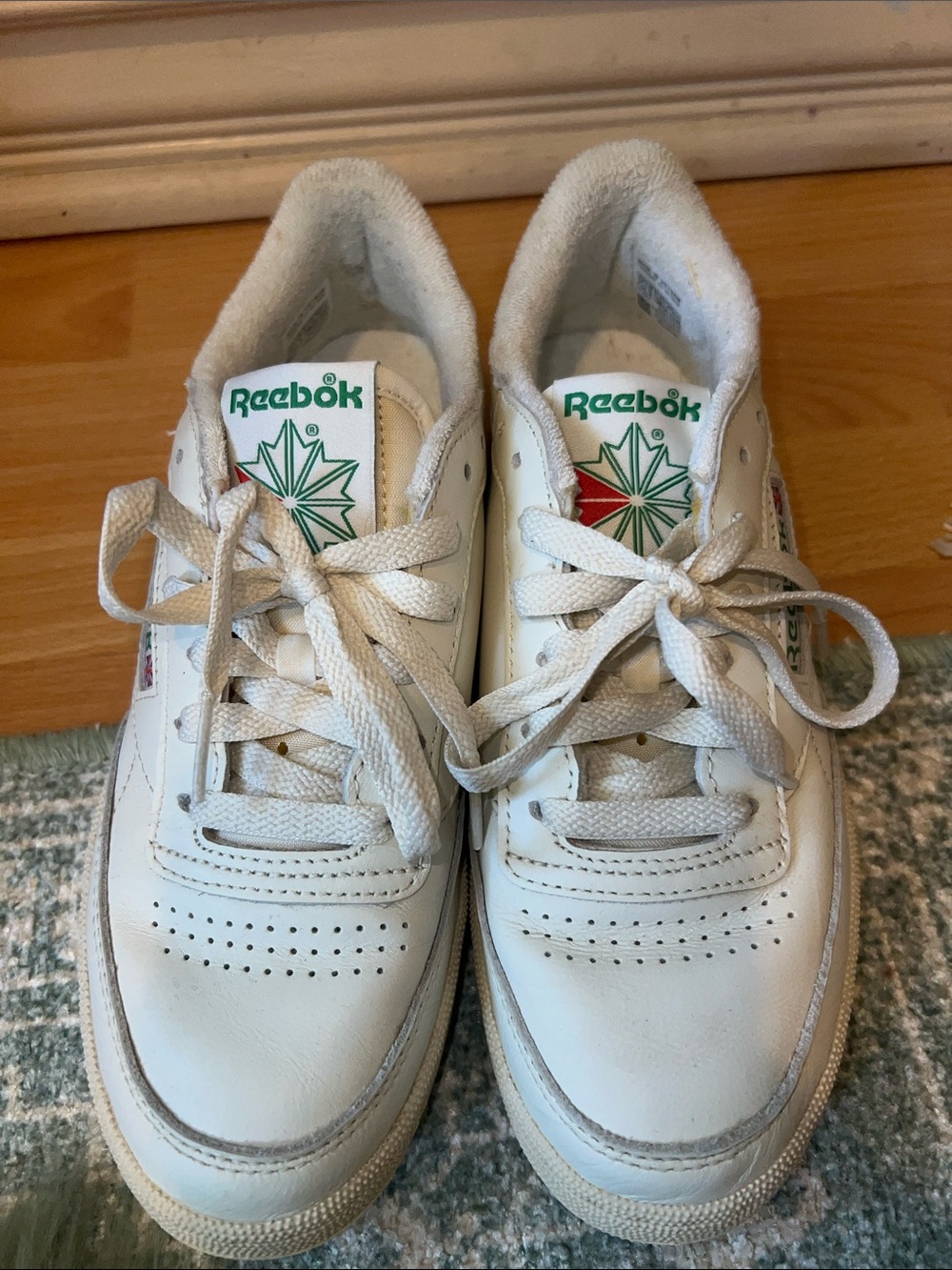 Reebok White Leather Sneakers with Green & Red Logo Accents